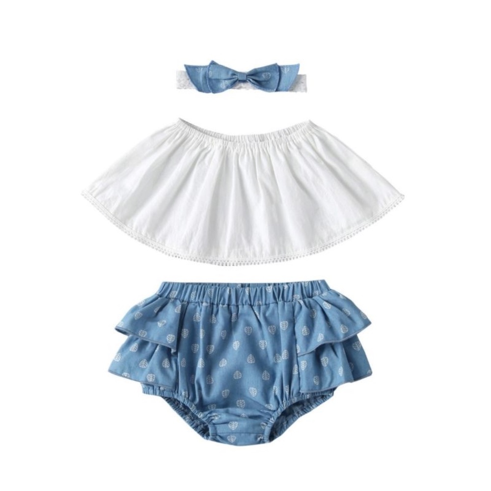 3pcs White Crop top Blue Ruffle Diaper Cover